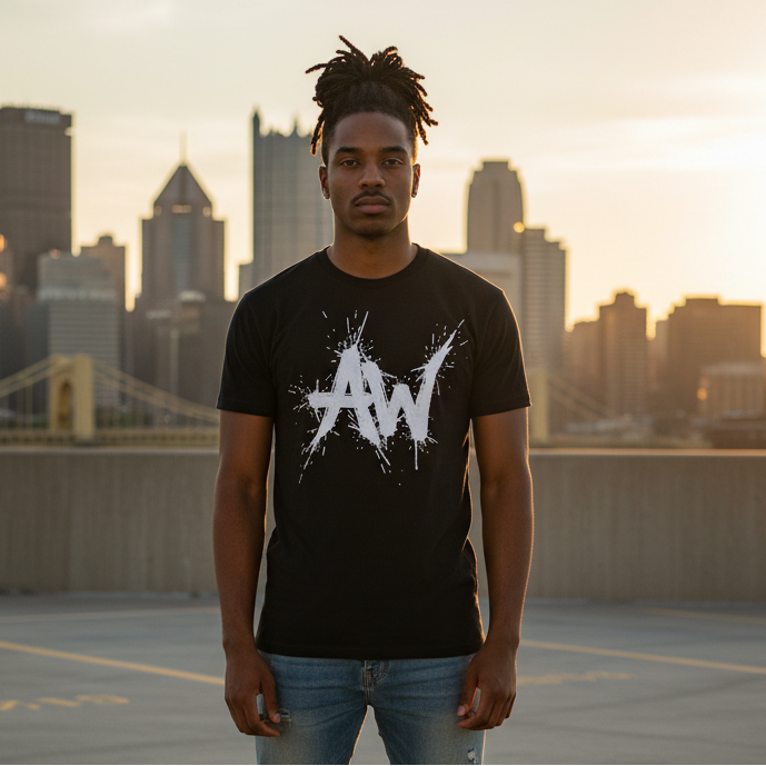 Second male model in black splatter AW tee