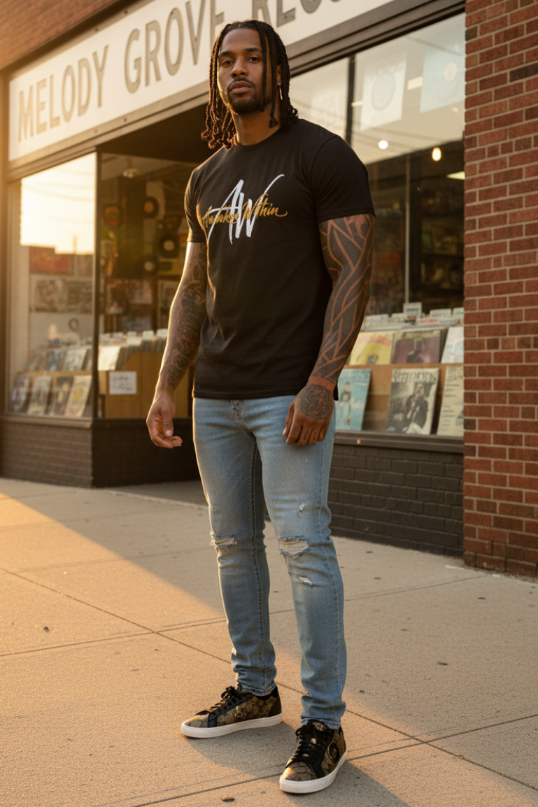 Second male model in black tee