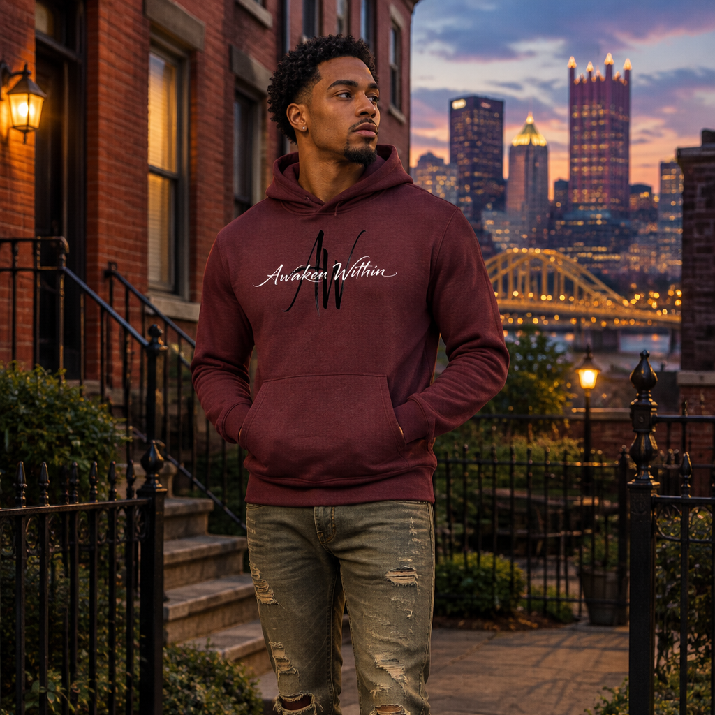 Second male model in deep wine AWA hoodie