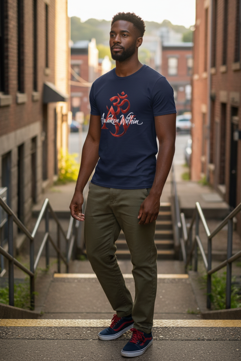 Second male model in navy spiritual AW tee