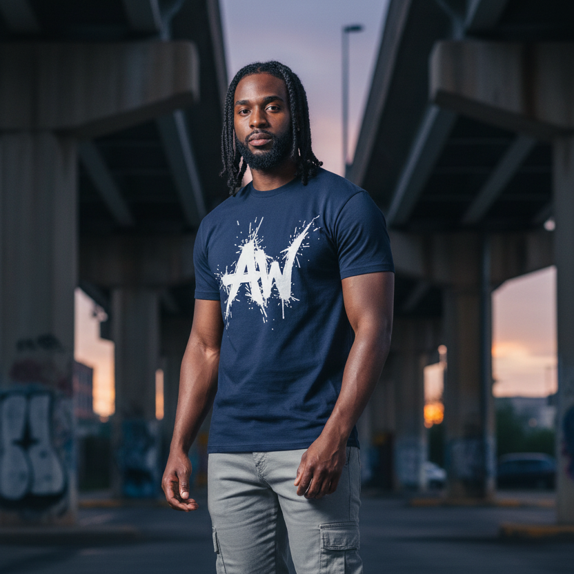 Second male model in navy tee