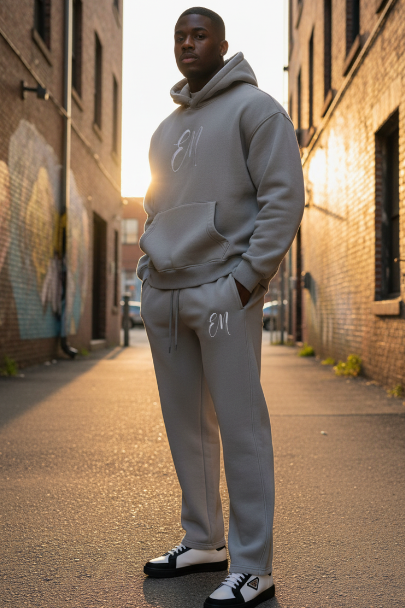 Second male model in straight-leg EM tracksuit