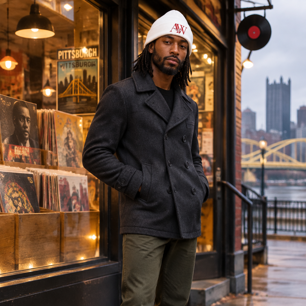 Second male model in white AWA beanie