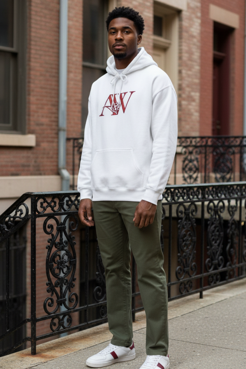 Second male model in white AWA hoodie