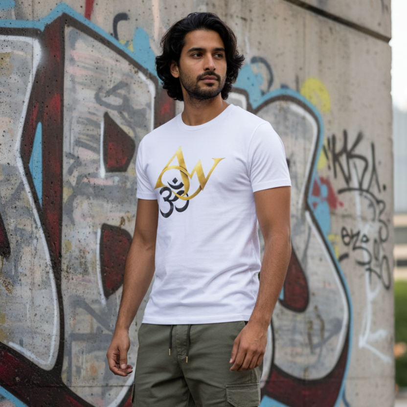 Second male model in white Om-AW tee