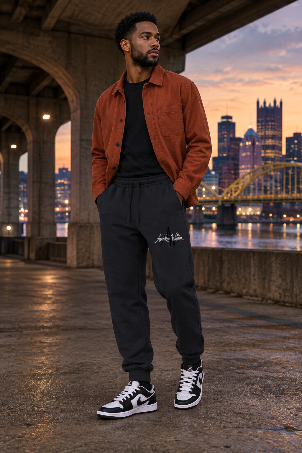 Second male model wearing charcoal AWA joggers