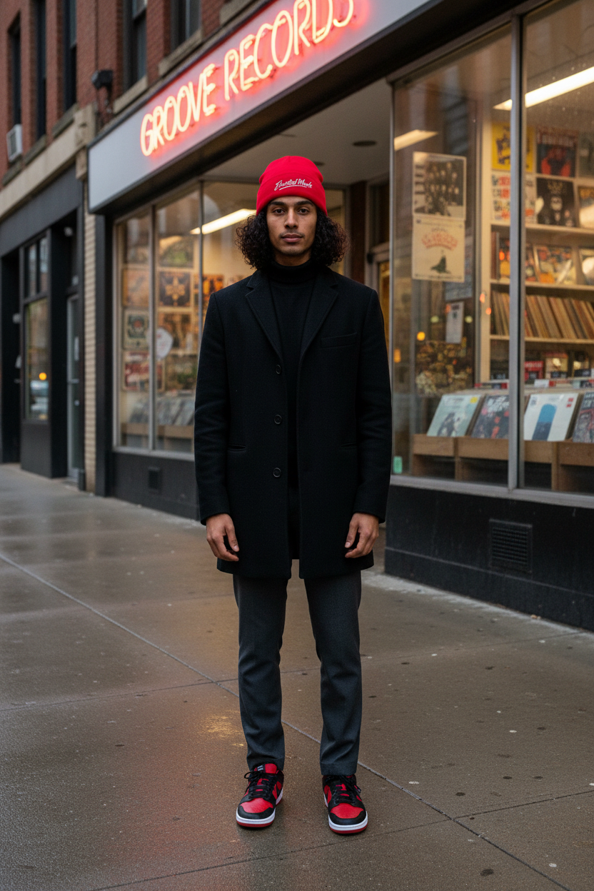 Second male model wearing red Elevated Minds beanie