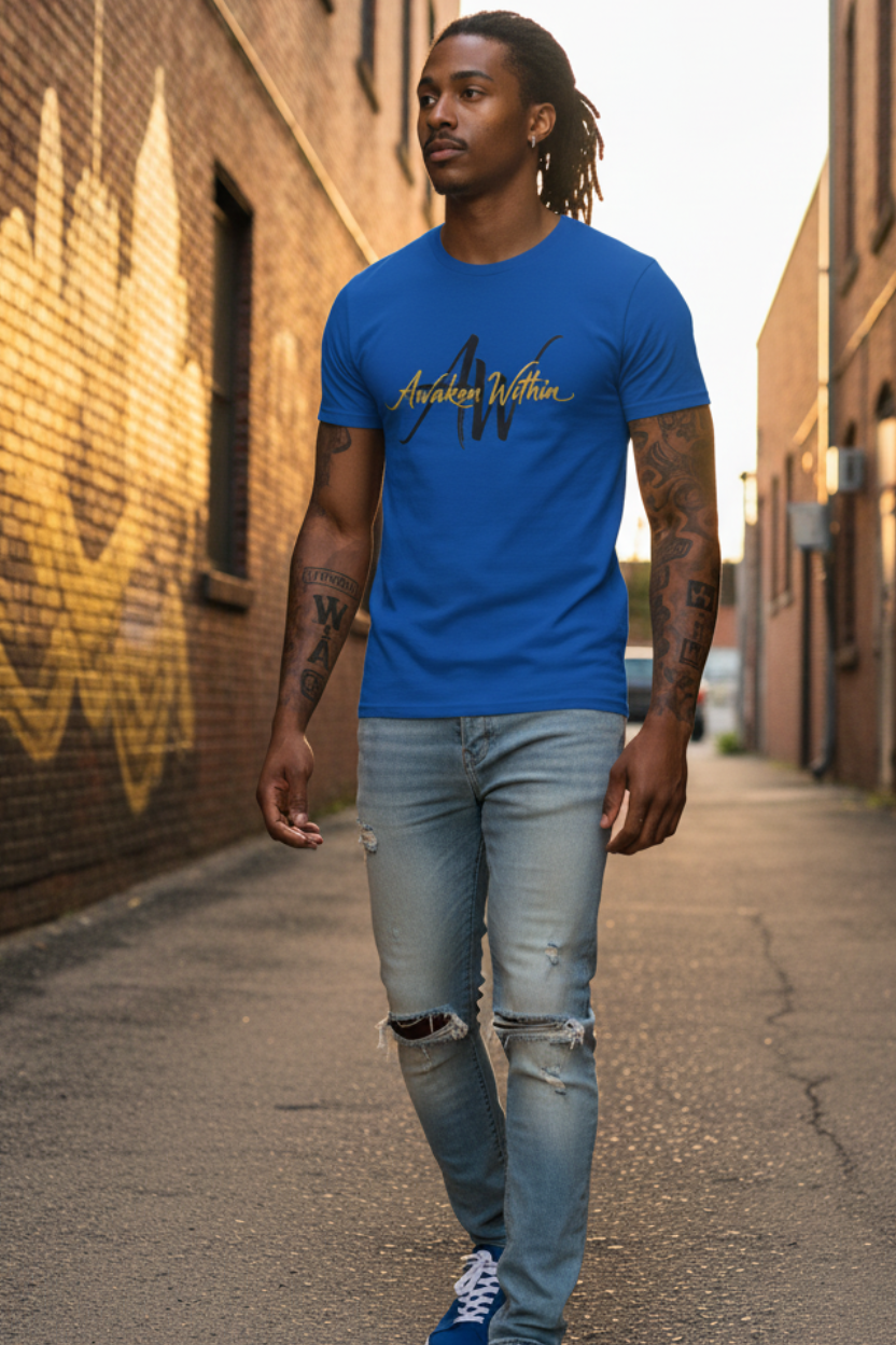 Second male model wearing royal-blue Awaken Within tee