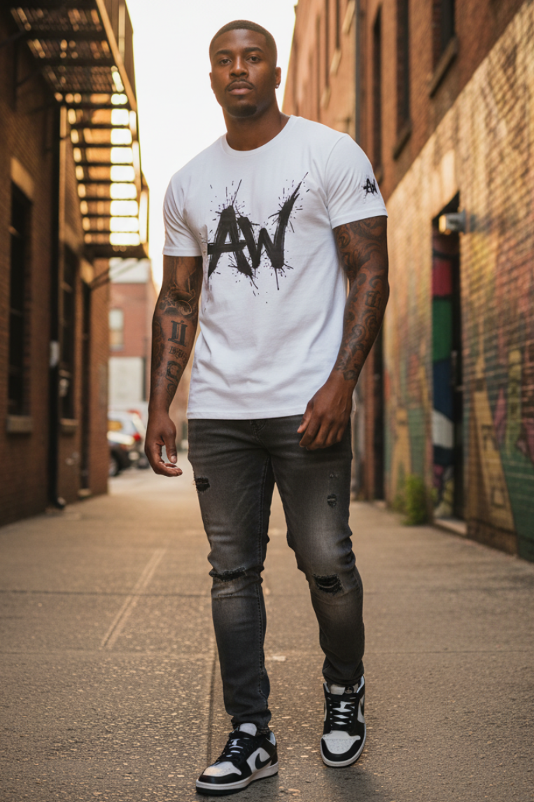 Second male model wearing the Awaken tee