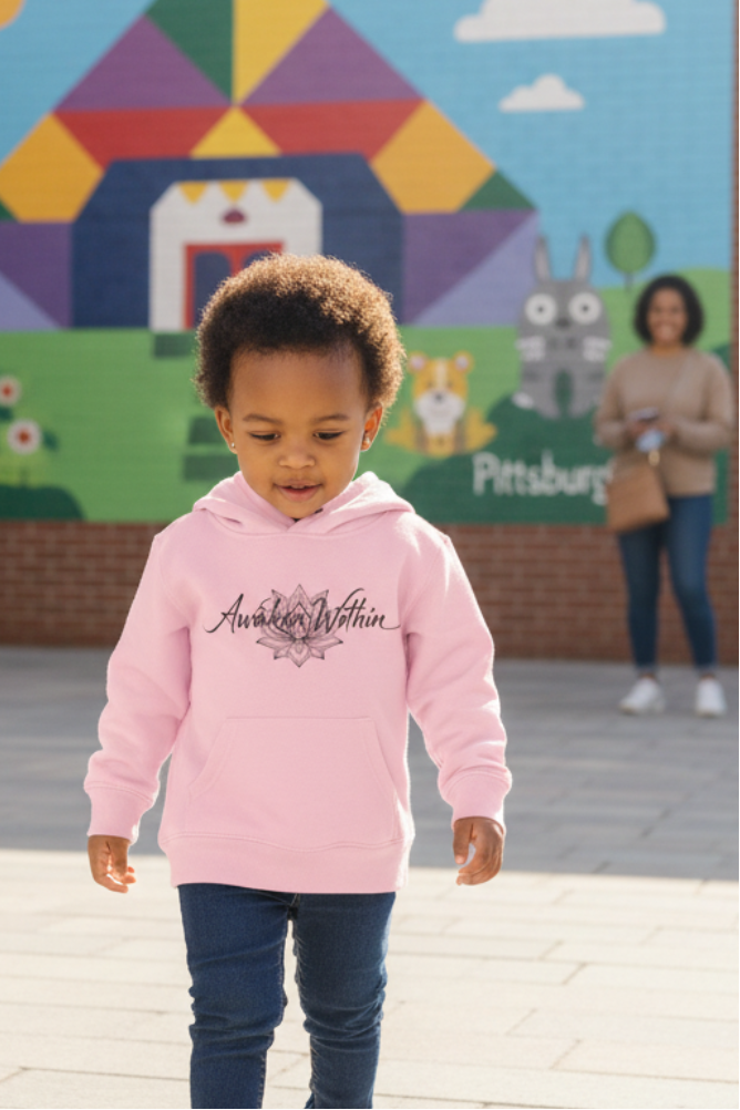Second toddler girl model in the pink Awaken Within hoodie