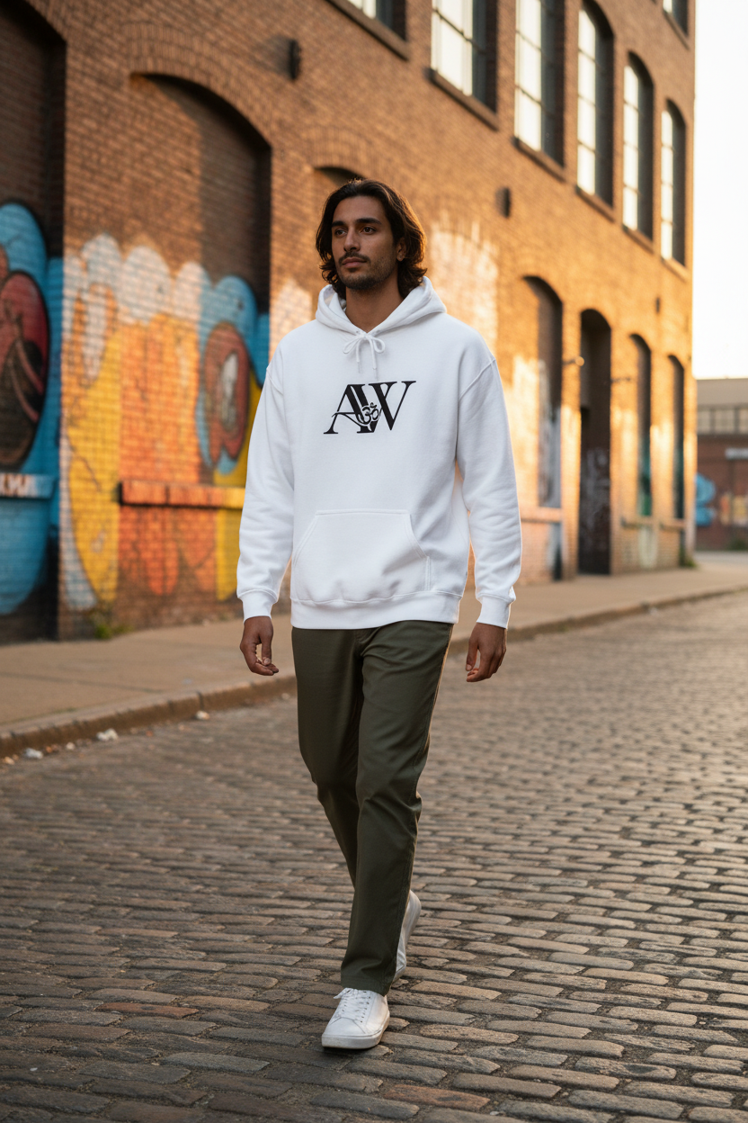 Third model in white AW hoodie