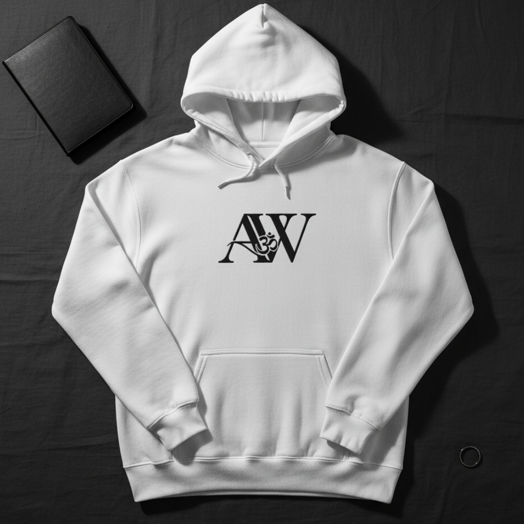 White AW hoodie dark flat-lay