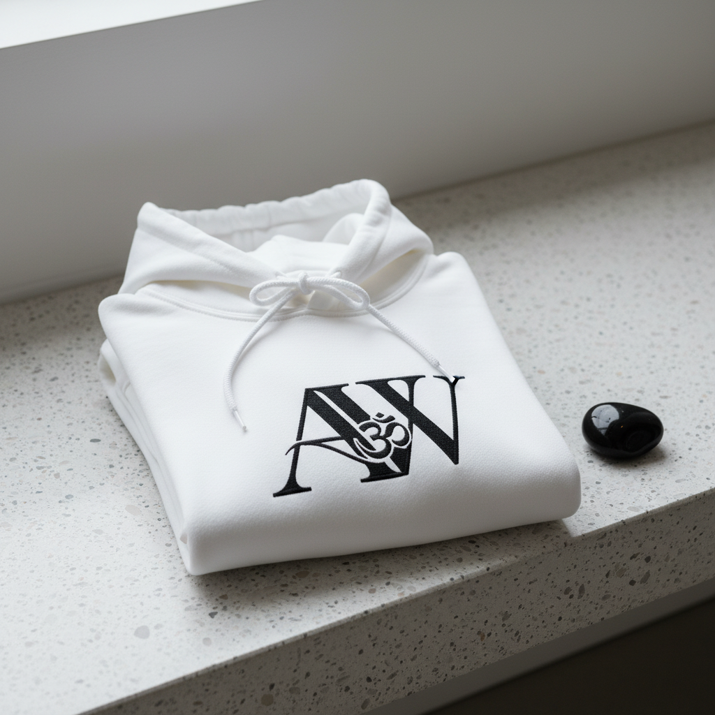 White AW hoodie folded on terrazzo