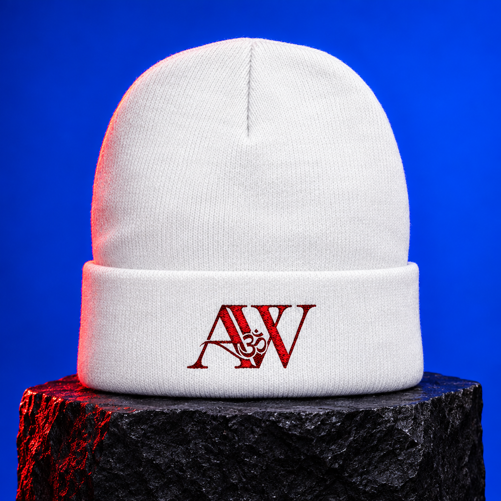 White AWA beanie on basalt