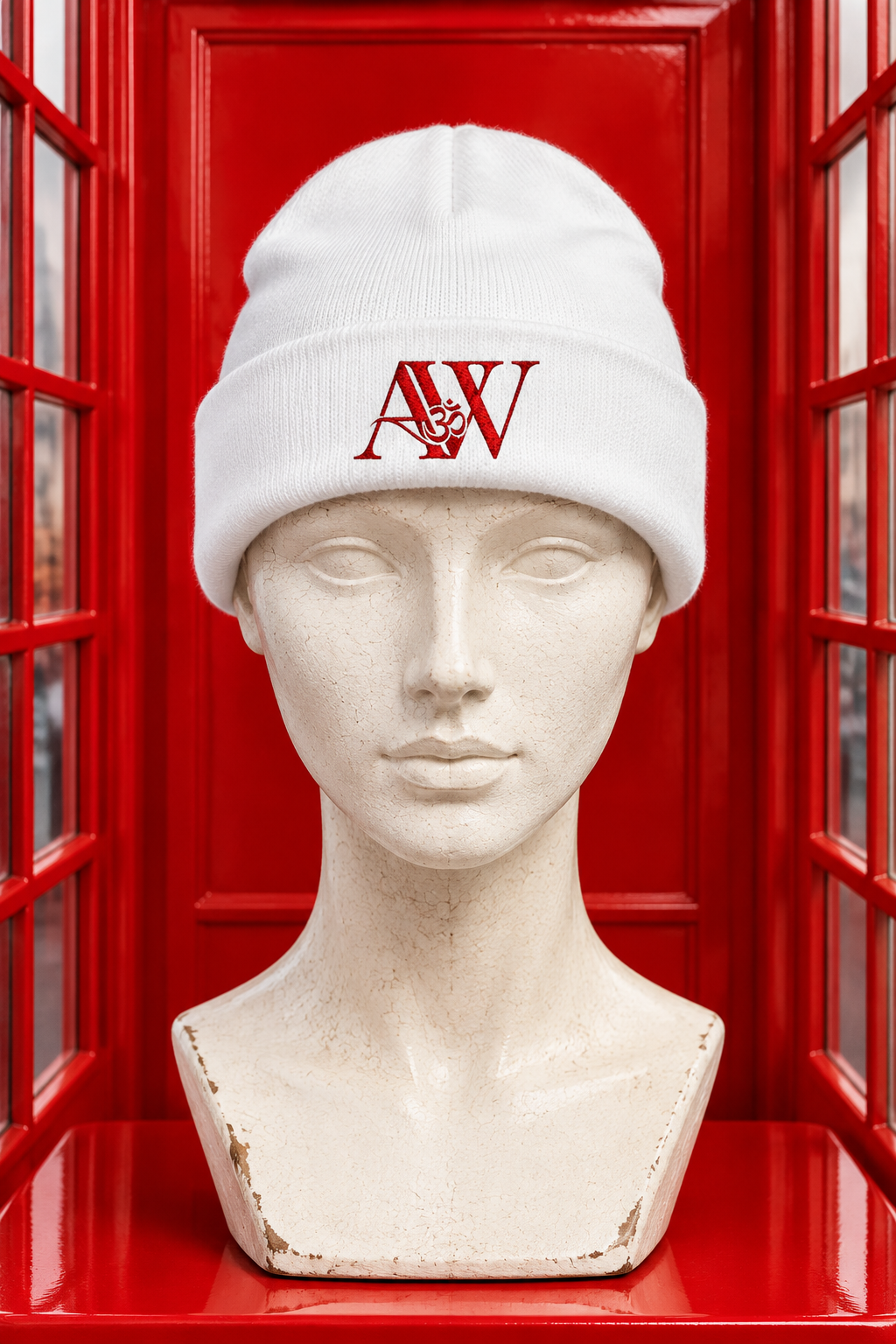 White AWA beanie on mannequin bust