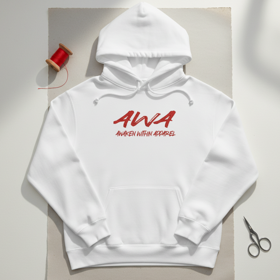 White AWA hoodie light flat-lay