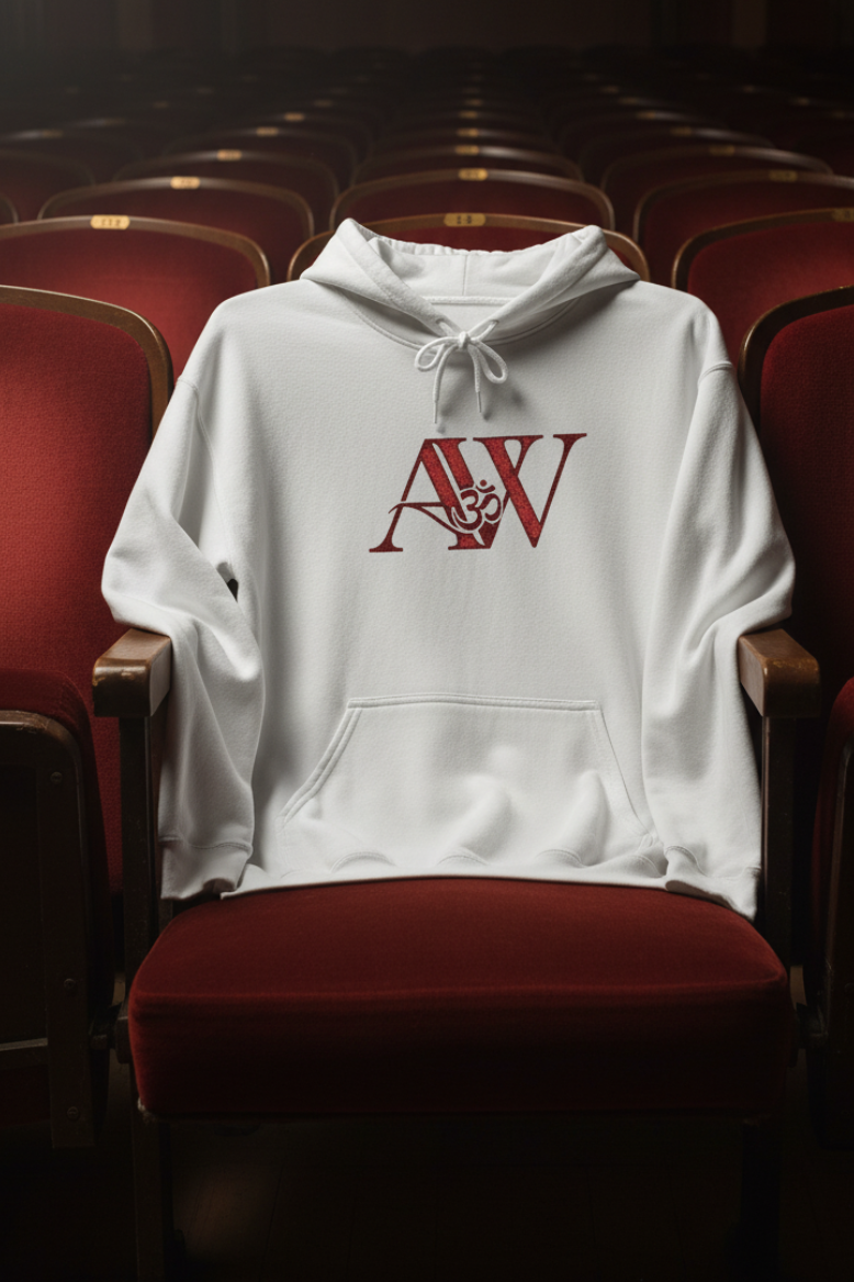 White AWA hoodie over vintage theater seat