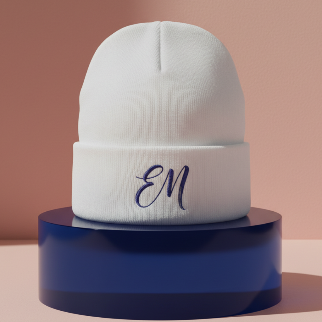 White Elevated Minds beanie on blue plinth