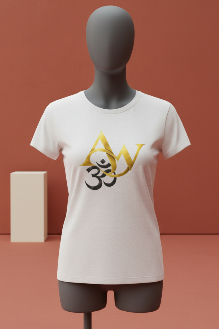 White Om-AW tee campaign image