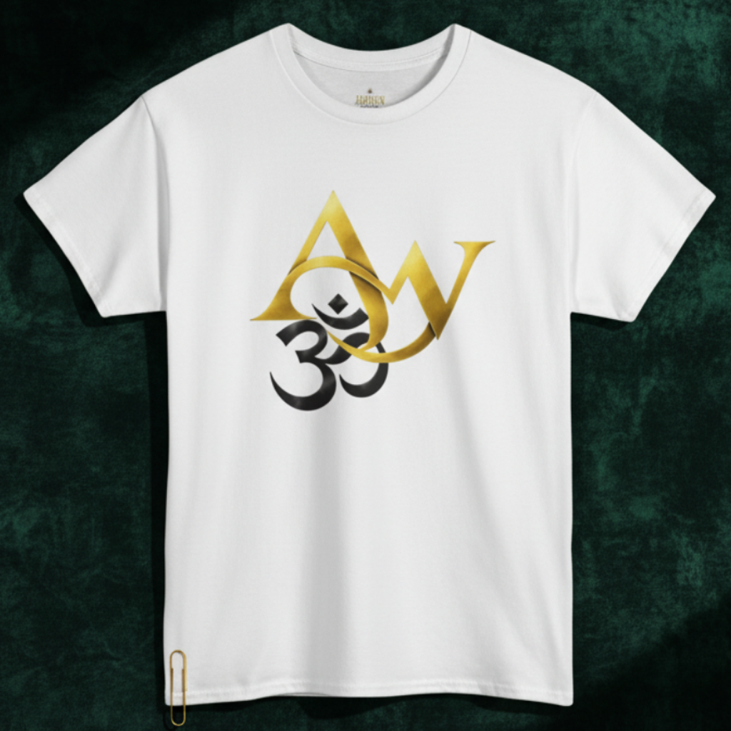 White Om-AW tee dark flat-lay