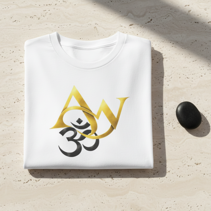 White Om-AW tee folded on travertine